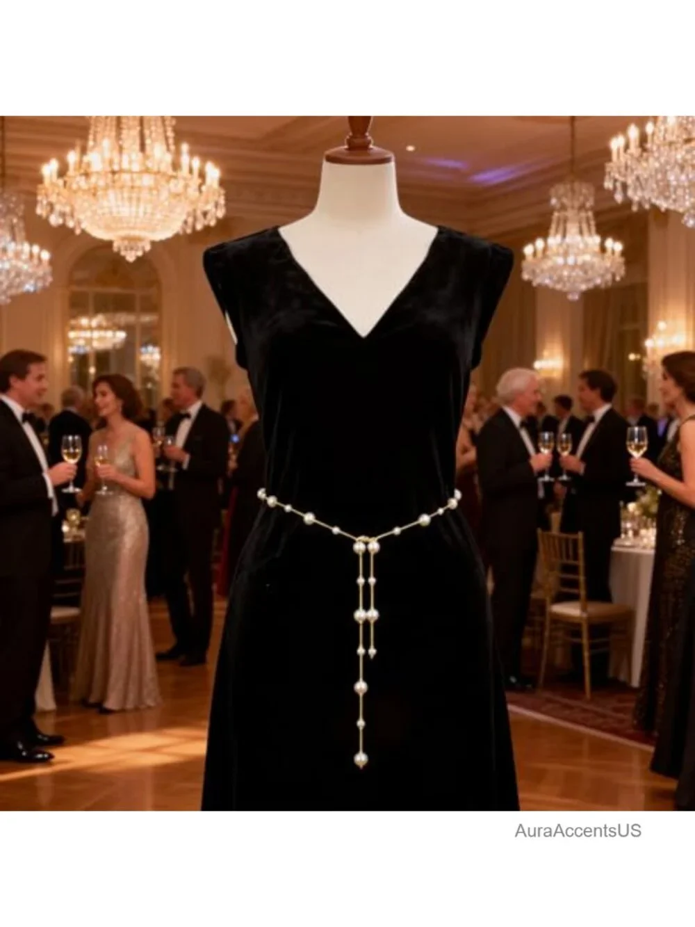 Elegant Pearl Waist Chain Belt Adjustable V-Shape Faux Pearls Dress Accessory